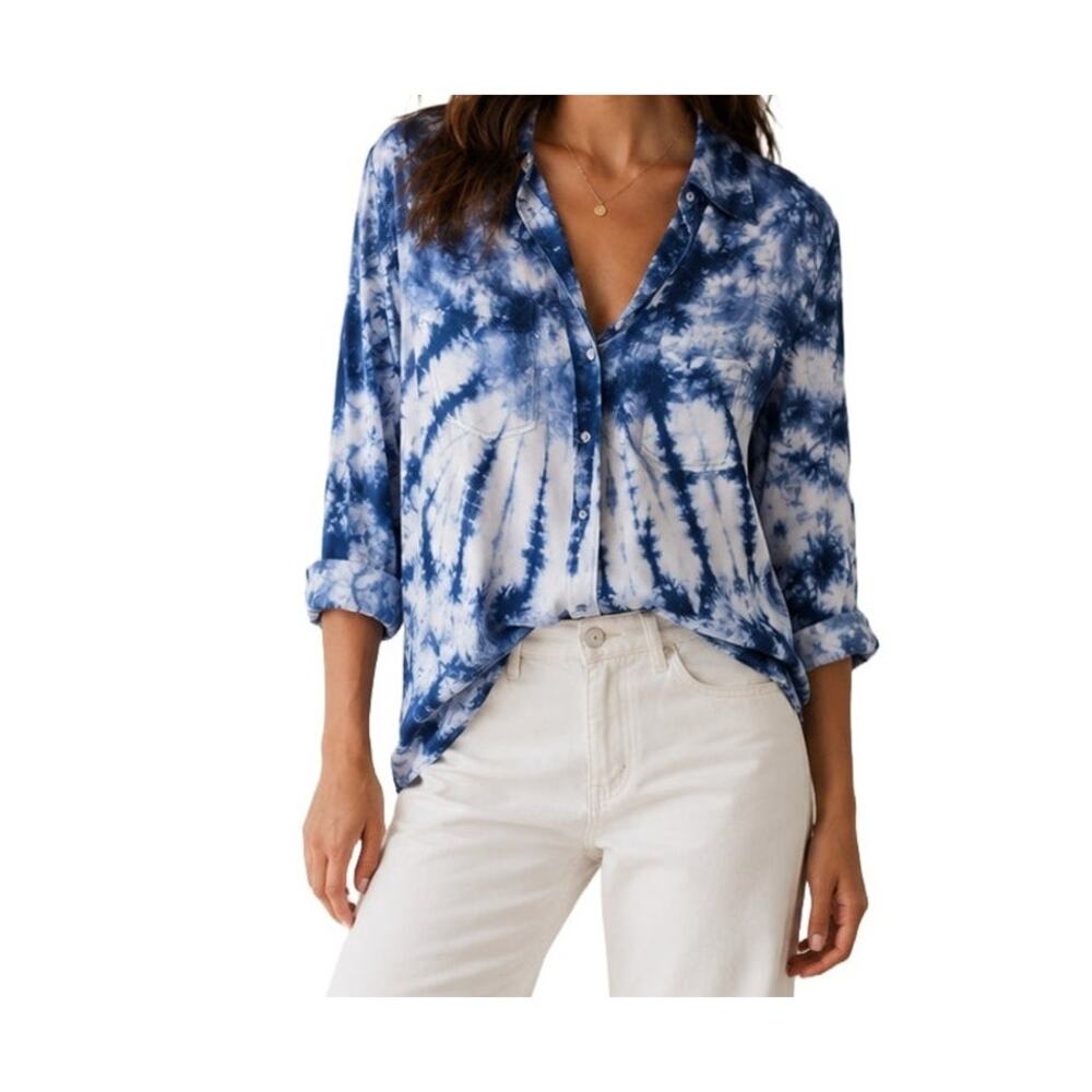 Aqua Blue Tie Dye Hi Lo Split Back Button Up Shirt Rayon Size M